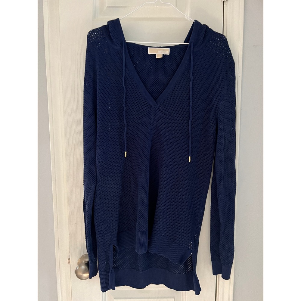 Michael Kors Swimsuit Cover Up Womens L Long Sleeve Mesh Hoodie V-Neck Navy Blue